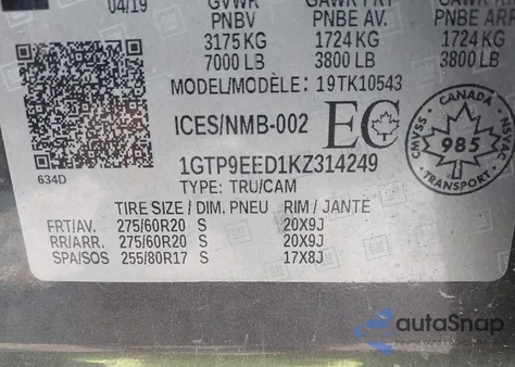 2019 GMC Sierra K1500 At4 from USA, damaged, VIN 1GTP9EED1KZ314249